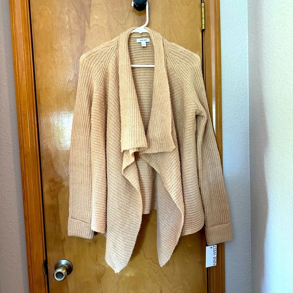 XS Nine West Camel Cardigan Sweater with Waterfall Front and roll up sleeves